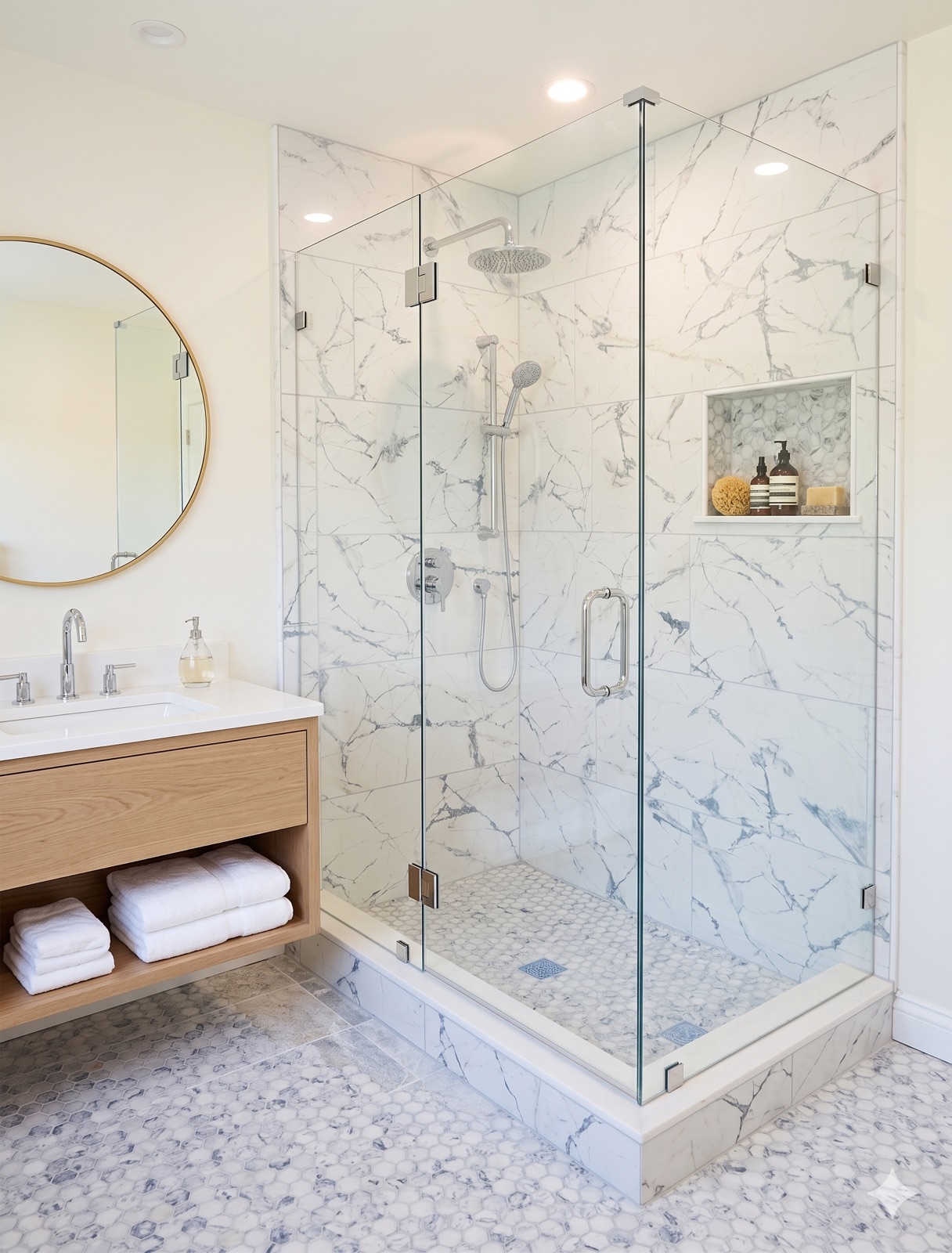 Master bathroom renovation with marble shower enclosure, floating oak vanity, and hexagon mosaic floor