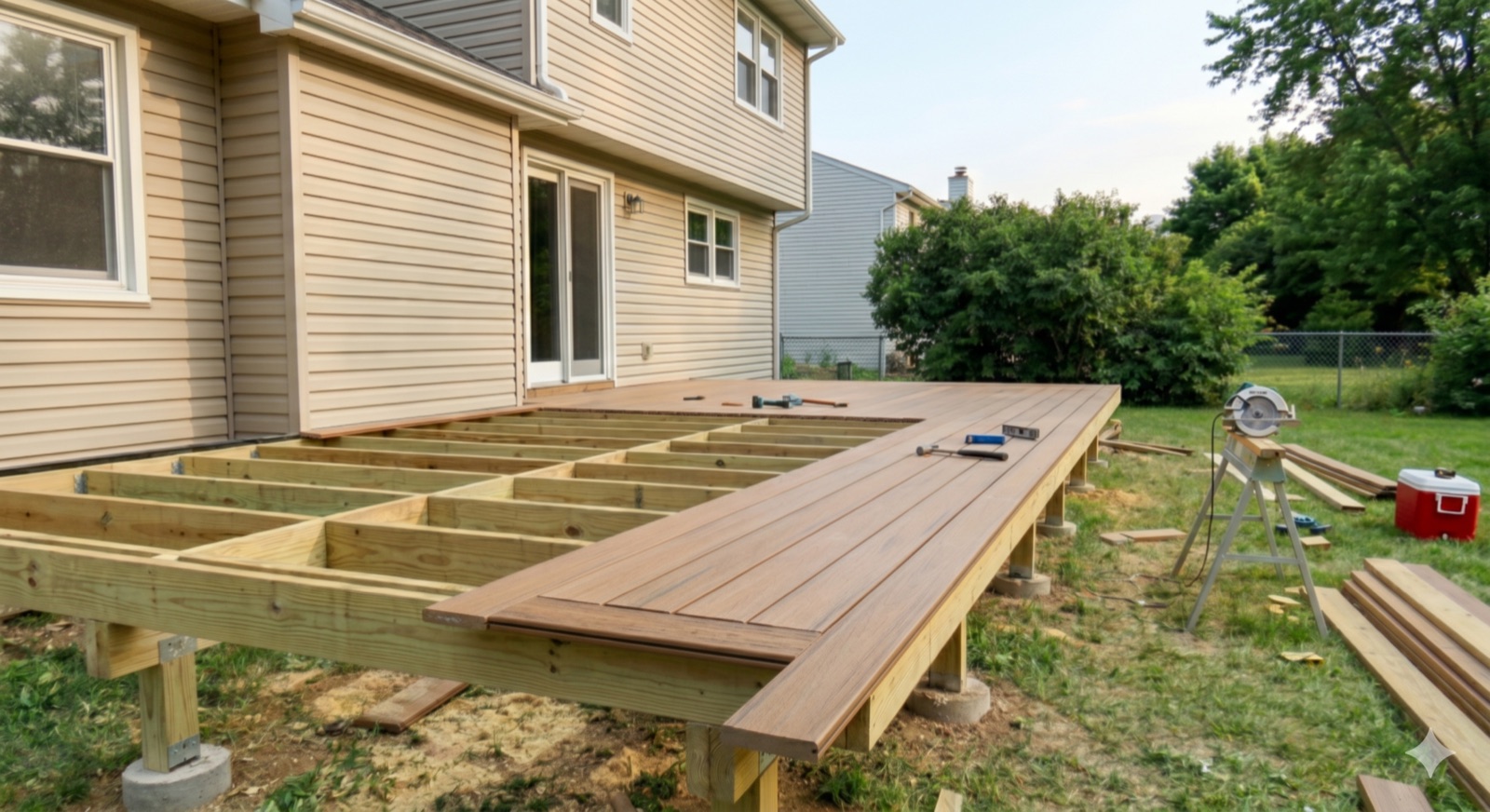 Composite deck construction in progress with framed joists and finished decking