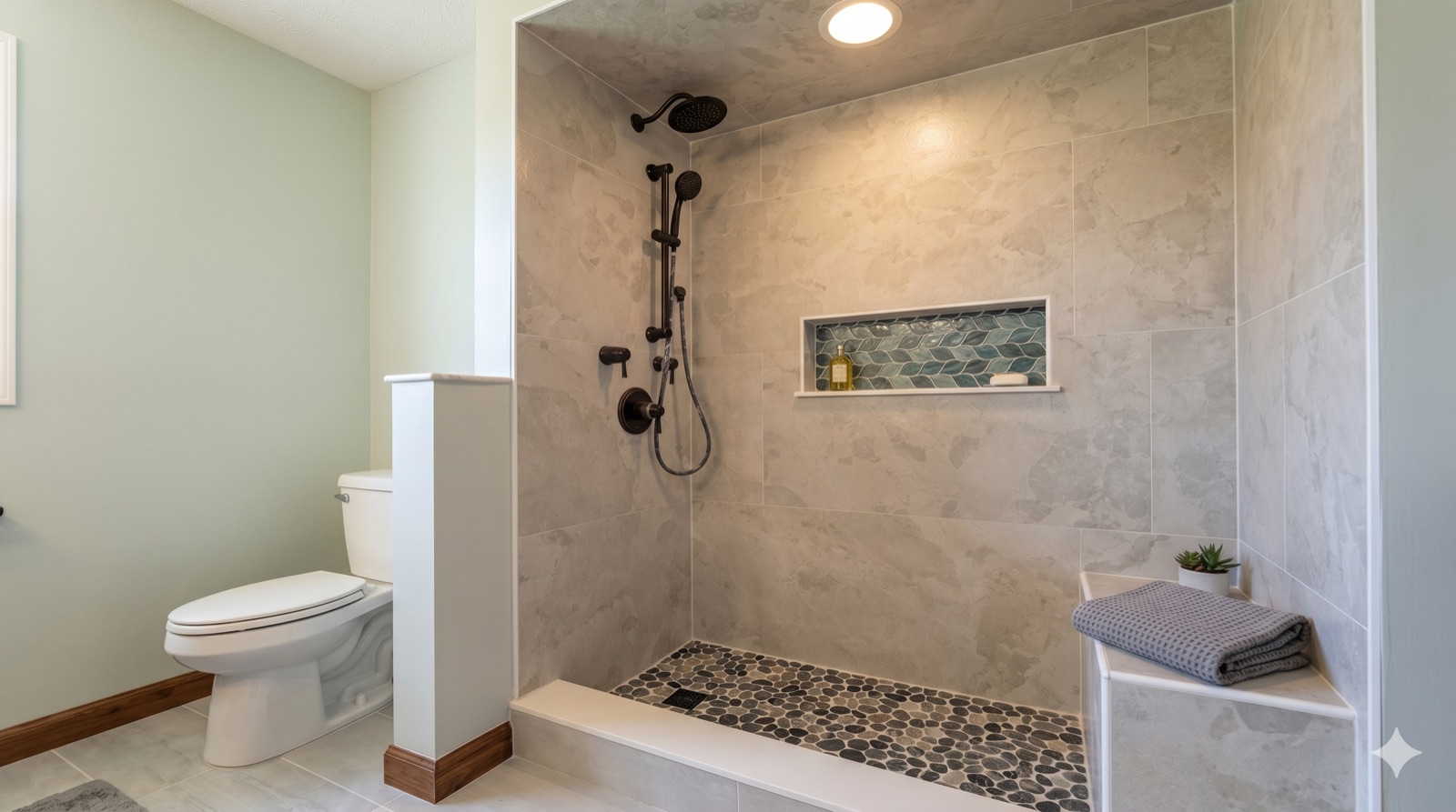 New construction bathroom with gray tile shower, pebble floor, and built-in niche